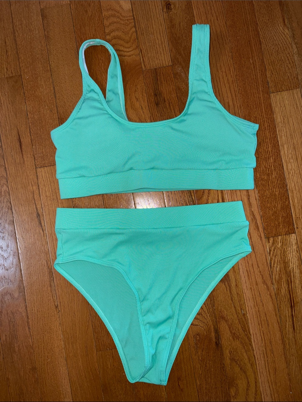 Ribbed Bikini Aqua Size Large Swimsuit High Waisted